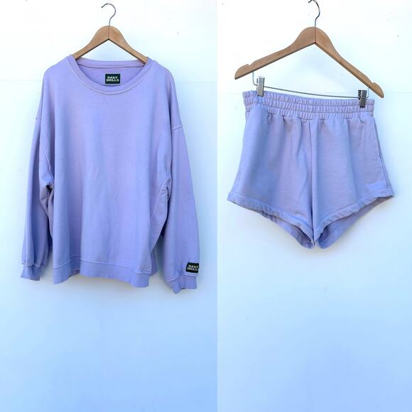 Daily Drills Set Vintage Crew Sweatshirt Super Shorts Lilac Purple Medium Large - Picture 2 of 13
